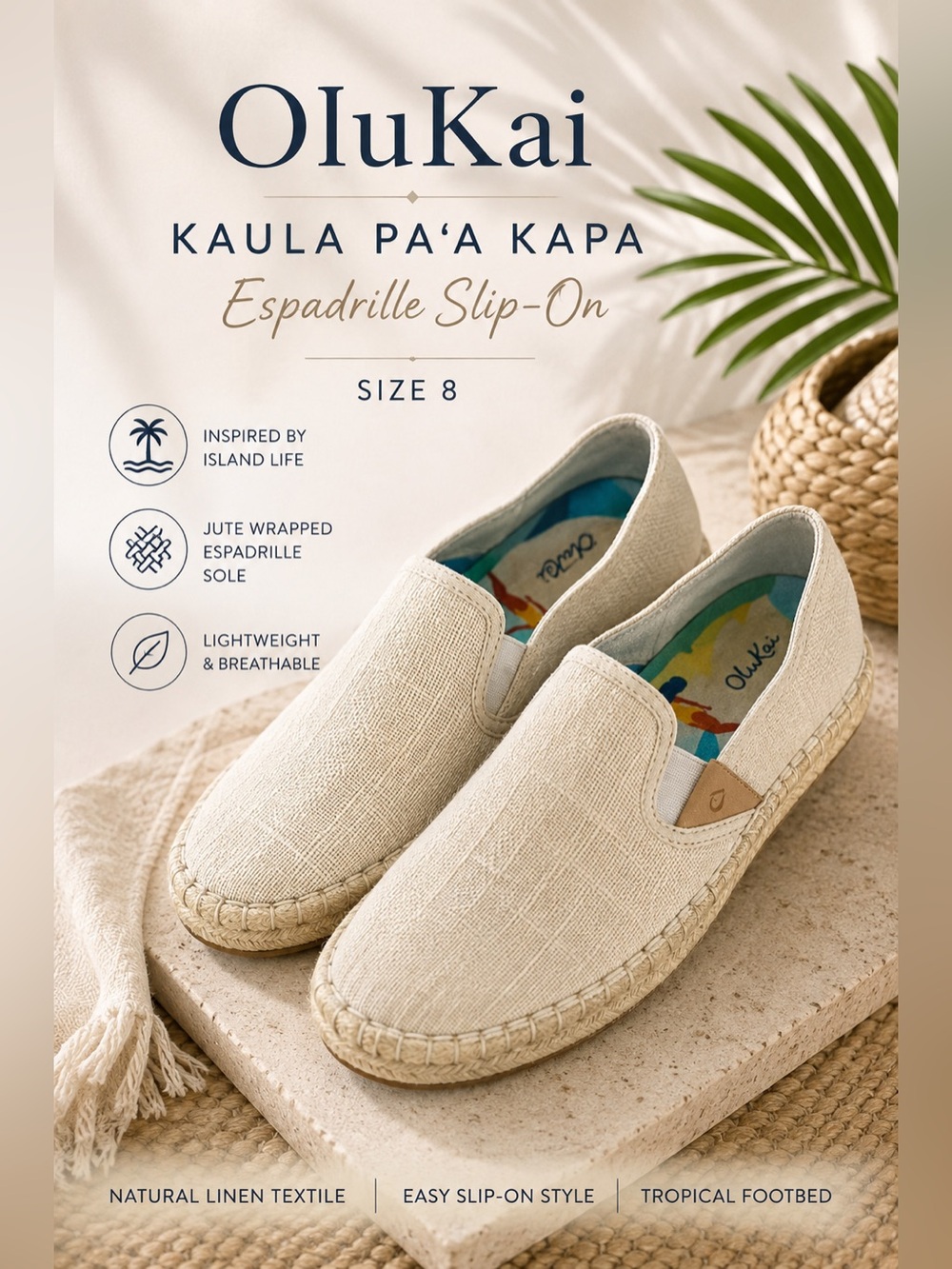 OluKai Kaula Pa‘a Kapa Natural Linen Espadrille Slip-On Shoes Size 8